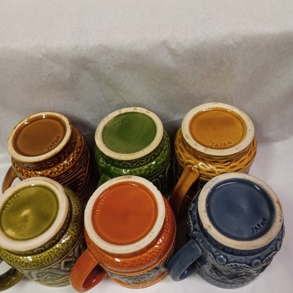 VINTAGE 6 Mugs Japanese Pottery Porcelain Ceramic Blue, Orange, Green, Brown,Tan - Picture 7 of 13